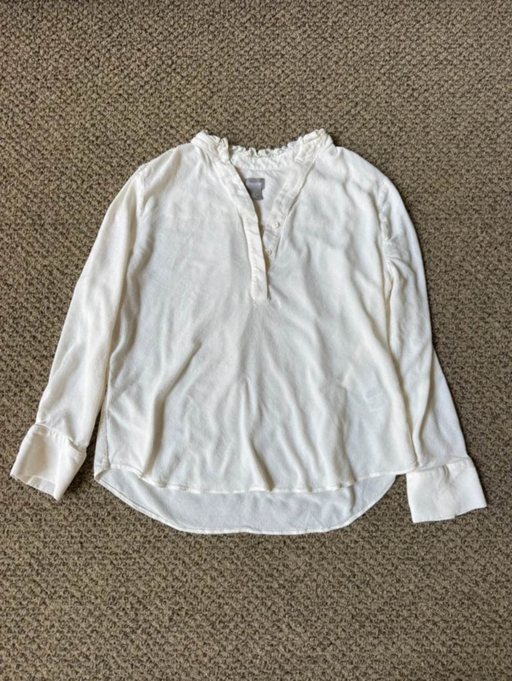 Chico's light cream yellow blouse with ruffle collar and button-up front